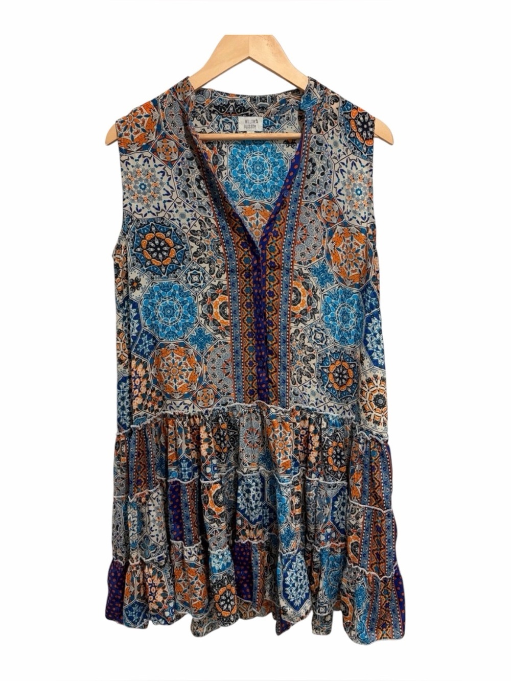 Willow Blossom Boho Tile Print Sleeveless Tunic Dress V-Neck Medium